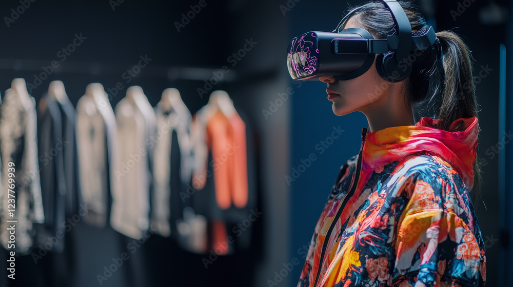 Wall mural two multi ethnic tailors in vr headsets in atelier. 3d female hologram of garment pattern. virtual i