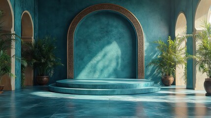 Fototapeta premium Serene Teal Moroccan Interior with Circular Platform