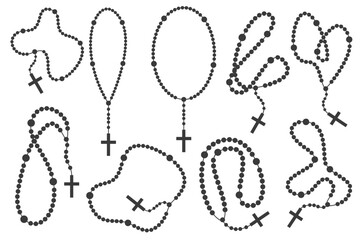 Rosary beads with cross. Catholic prayer necklace set isolated on white background. Christian chain with crucifix silhouettes. Religious jewelry for meditation.