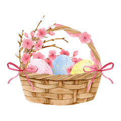 Festive Easter composition with basket, Easter eggs and willow twigs