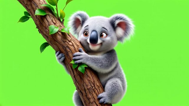 Cute koala cartoon, green screen, tree, happy, animation, children's book