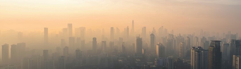 Fototapeta premium A panoramic view of a city skyline shrouded in morning haze, showcasing the blend of modern skyscrapers and urban development under a soft, golden light.