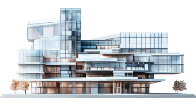 Modern office building with transparent background showcasing innovative architecture