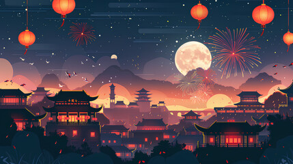 cartoon-style illustration of the night sky with lanterns and fireworks, featuring an ancient Chinese street scene