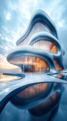 Futuristic oceanfront building sunset architectural design