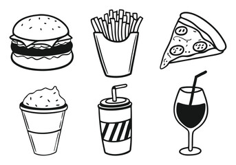 Food and Drink Icons Set - Restaurant, Fast Food, and Beverage Vector Illustrations