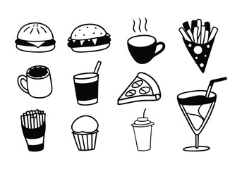 Food and Drink Icons Set - Restaurant, Fast Food, and Beverage Vector Illustrations