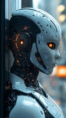 Futuristic robot, city window, glowing eyes, technological background, AI concept