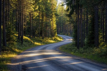 Naklejka premium A serene landscape showcasing a winding road through a lush forest, illuminated by soft sunlight filtering through tall trees.