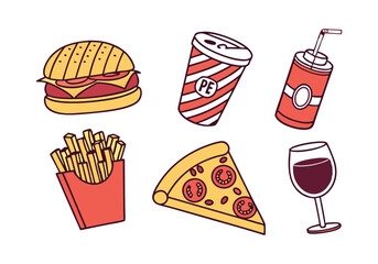 Food and Drink Icons Set - Restaurant, Fast Food, and Beverage Vector Illustrations