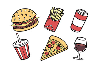 Food and Drink Icons Set - Restaurant, Fast Food, and Beverage Vector Illustrations