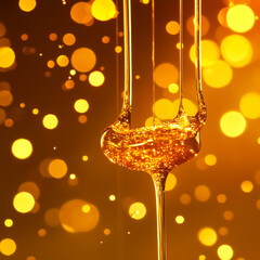 Golden honey dripping with sparkling bokeh background