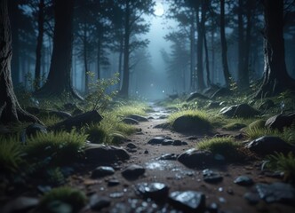 Obraz premium Soft focus lens effect on a mystical forest floor under moonlight , ancient trees, atmospheric conditions