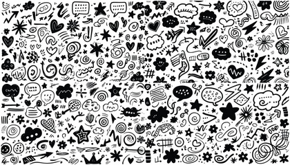 Hand-Drawn Doodle Set – Black and White Sketches with Arrows, Stars, Hearts, Clouds, Speech Bubbles, Swirls, and Decorative Elements – Perfect for Backgrounds, Patterns, and Design Projects