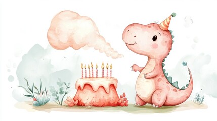 A cute pink dinosaur celebrates its birthday with a cake and candles. This whimsical illustration captures joy and imagination for children's themes.