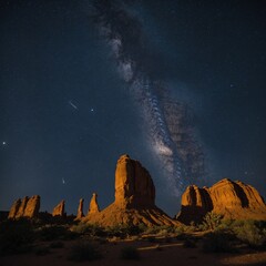 "A desert night sky filled with stars, framed by the silhouette of towering sandstone formations."