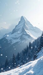 Obraz premium Softly falling snowflakes on a misty mountain peak, winter, black and white, white