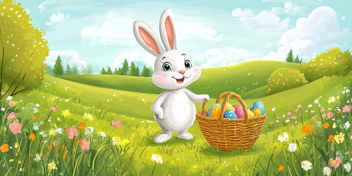 Moderner lustiger Osterhase im Cartoon-Stil mit Korb, leuchtende Farben in gr&uuml;ner Landschaft, Frohe Ostern, Werbeschild