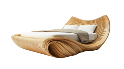 Modern wooden bed with sculptural design isolated on transparent background