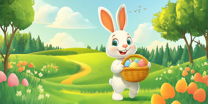 Moderner lustiger Osterhase im Cartoon-Stil mit Korb, leuchtende Farben in gr&uuml;ner Landschaft, Frohe Ostern, Werbeschild