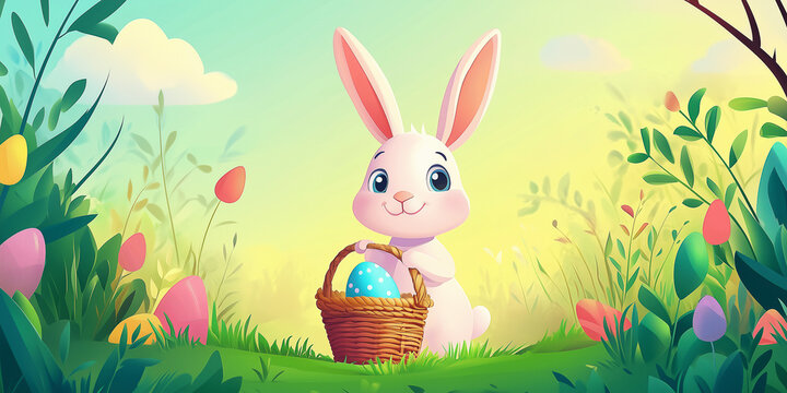 Moderner lustiger Osterhase im Cartoon-Stil mit Korb, leuchtende Farben in gr&uuml;ner Landschaft, Frohe Ostern, Werbeschild
