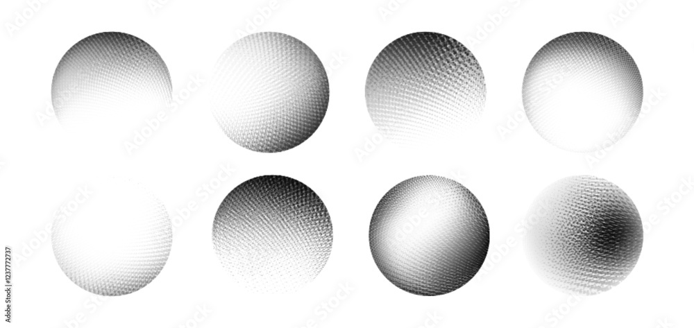 Poster monochrome grain textured dot spheres with halftone patterns, dimensional shading and gradient densi