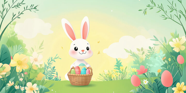 Moderner lustiger Osterhase im Cartoon-Stil mit Korb, leuchtende Farben in gr&uuml;ner Landschaft, Frohe Ostern, Werbeschild