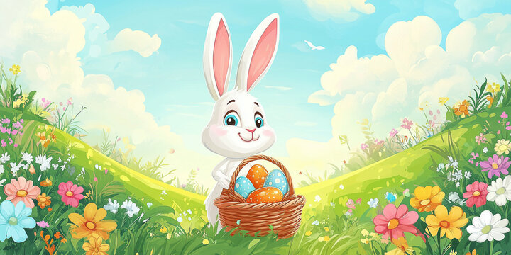 Moderner lustiger Osterhase im Cartoon-Stil mit Korb, leuchtende Farben in gr&uuml;ner Landschaft, Frohe Ostern, Werbeschild