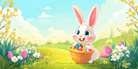 Fototapeta premium Moderner lustiger Osterhase im Cartoon-Stil mit Korb, leuchtende Farben in grüner Landschaft, Frohe Ostern, Werbeschild