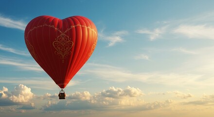 Obraz premium Romantic Red Heart Shaped Hot Air Balloon Soaring Through a Cloudy Sky at Sunset