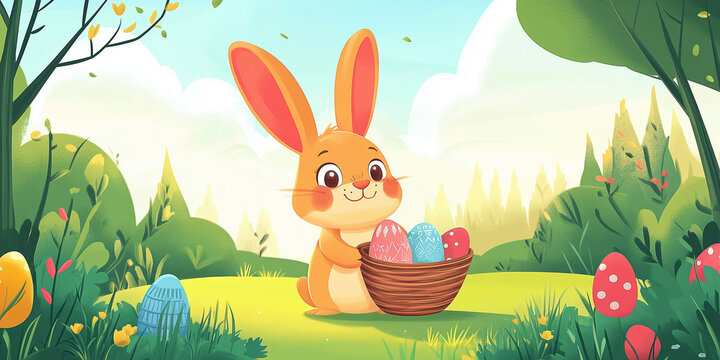 Moderner lustiger Osterhase im Cartoon-Stil mit Korb, leuchtende Farben in gr&uuml;ner Landschaft, Frohe Ostern, Werbeschild