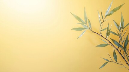 Naklejka premium Green Bamboo Branch on Yellow Gold Background