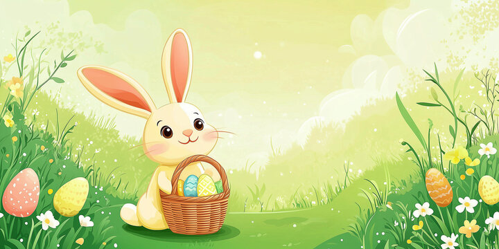 Moderner lustiger Osterhase im Cartoon-Stil mit Korb, leuchtende Farben in gr&uuml;ner Landschaft, Frohe Ostern, Werbeschild