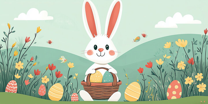 Moderner lustiger Osterhase im Cartoon-Stil mit Korb, leuchtende Farben in gr&uuml;ner Landschaft, Frohe Ostern, Werbeschild