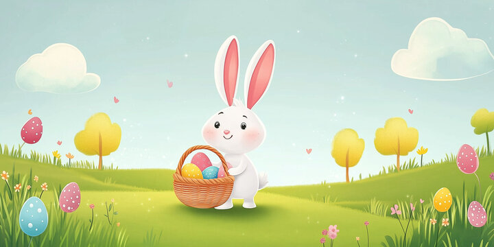 Moderner lustiger Osterhase im Cartoon-Stil mit Korb, leuchtende Farben in gr&uuml;ner Landschaft, Frohe Ostern, Werbeschild