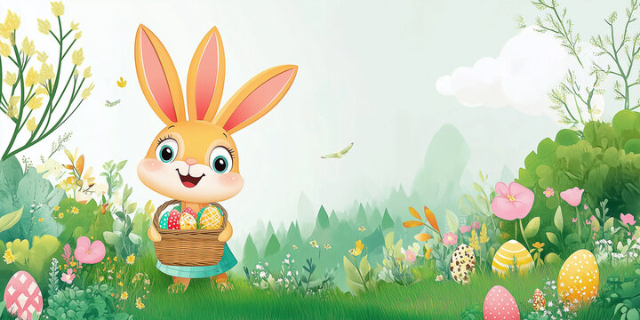 Moderner lustiger Osterhase im Cartoon-Stil mit Korb, leuchtende Farben in gr&uuml;ner Landschaft, Frohe Ostern, Werbeschild
