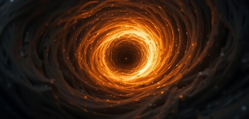 Abstract swirling vortex of glowing orange energy, intense light tunnel, cosmic wormhole, fiery spiral nebula, digital art, futuristic technology background