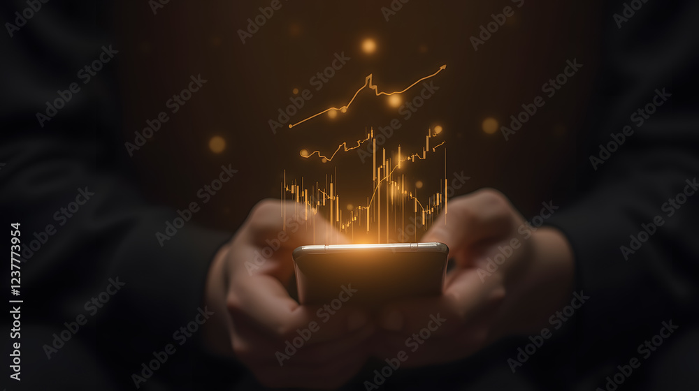Poster hands holding smartphone with digital financial data visualization and graph patterns glowing agains