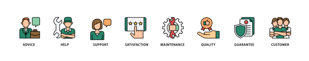 After-sales service icon set flow process which consists of advice, help, support, satisfaction, maintenance, quality, guarantee, customer icon live stroke and easy to edit .