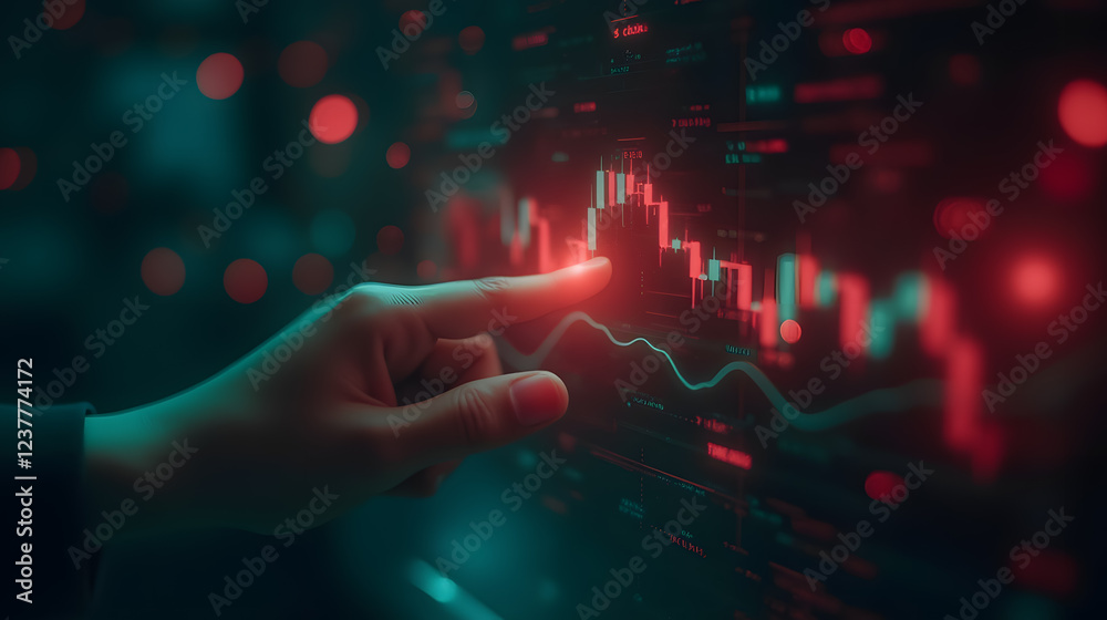 Poster hand touching digital stock market data on screen with red and green financial graphs and data visua