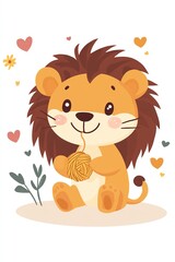 Fototapeta premium Cute Lion Cub with Yarn Ball Adorable Cartoon Animal Illustration