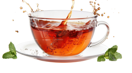 Transparent background with fresh mint and splashing tea in glass cup