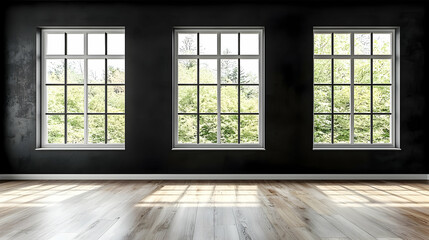 Empty room, large windows, sunlight, trees. Interior design