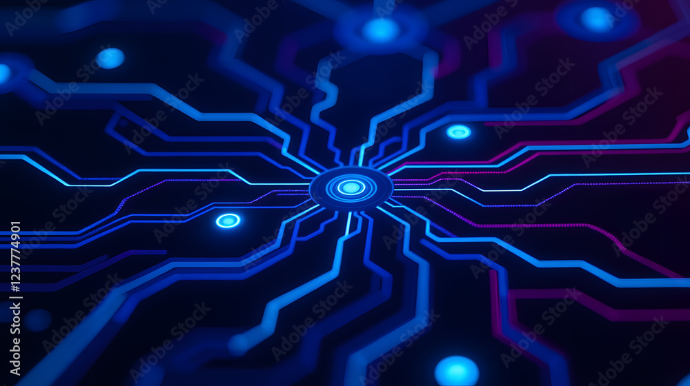 Poster abstract technology circuit board background with glowing lines and nodes representing digital conne
