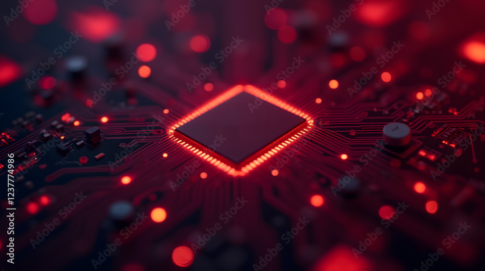 Poster close-up view of a red circuit board with microchip and glowing led lights illuminating the intricat
