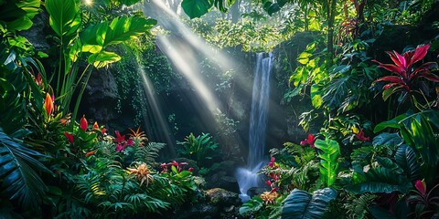 Lush tropical waterfall, sunlight beams, vibrant flora.  Perfect for travel, nature, serenity themes