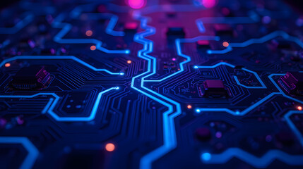 Abstract close-up of a vibrant blue and purple circuit board showcasing intricate electronic patterns with glowing components and vivid colors