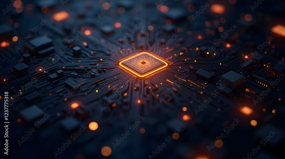 Poster futuristic circuit board with glowing processor core and interconnected lines on dark background in 