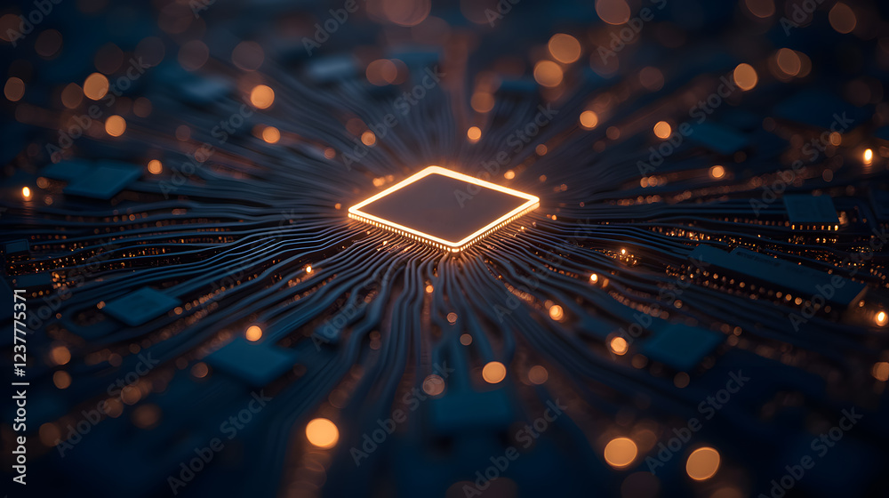 Poster abstract electronic circuit with glowing processor chip and intricate connections in a technology-th