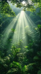 Sunbeams Illuminating Lush Tropical Rainforest